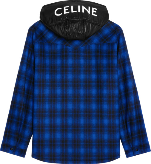 Celine Blue Flannel And Black Nylon Logo Hood Overshirt Jacket