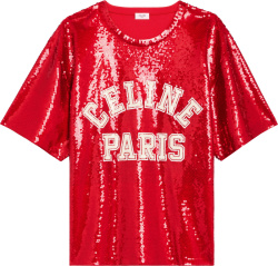 Celine Red Sequin Celine Paris Logo T Shirt