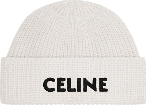 Celine White And Black Felt Logo Patch Beanie