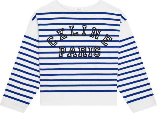 Celine White And Blue Striped Long Sleeve Logo Print T Shirt
