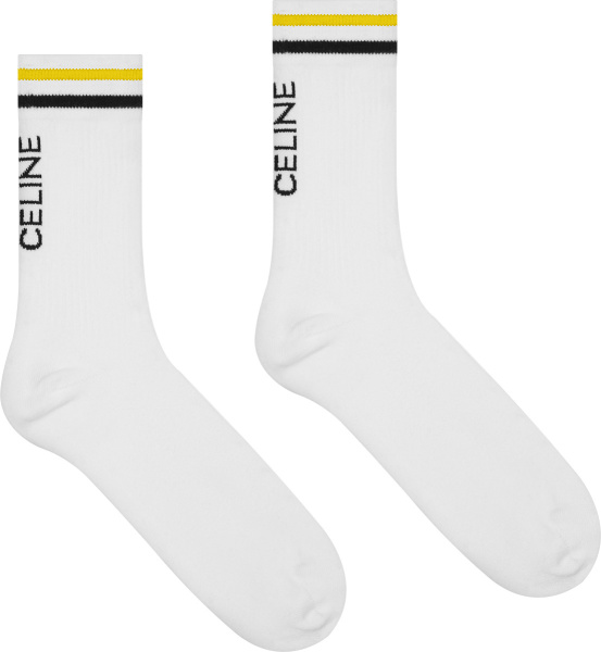 Celine White With Yellow And Black Stripes Vertical Logo Socks