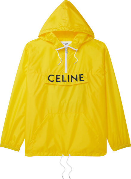Celine Yellow And White Logo Hooded Nylon Anorak Jacket