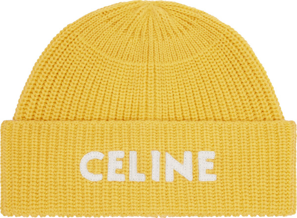 Celine Yellow And White Logo Patch Beanie