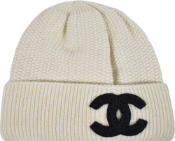 Chanel 23a Beige And Black Cc Logo Beanie Hat