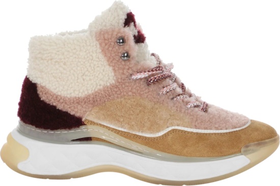Chanel Beige Burgundy Ivory Shearling Ankle Boots