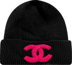 Chanel Black And Hot Pink Cc Logo Beanie Hat