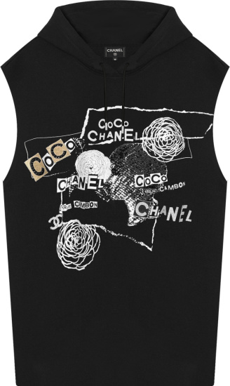 Chanel Black Collage Print Sleeveless Hooded T Shirt