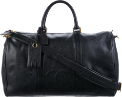Chanel Black Leather Cc Embossed Duffle Bag