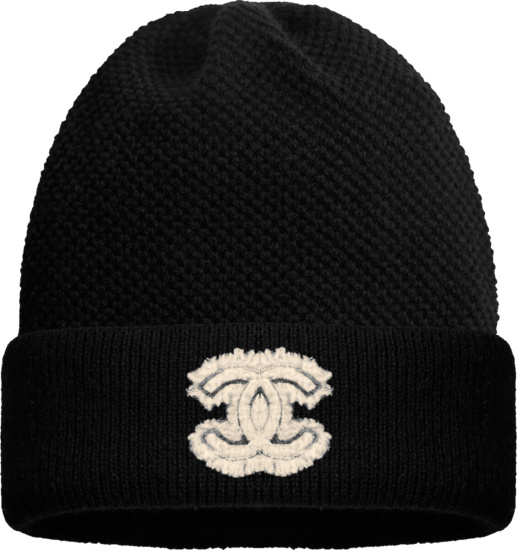 Chanel Black Tweed And Cashmere Cc Patch Beanie