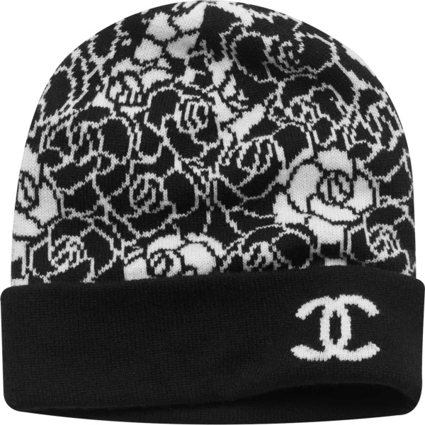 Chanel Black White Floral Knit Beanie Hat