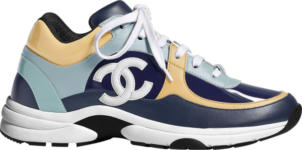 Chanel Navy Light Blue And Yellow Patent Sneakers