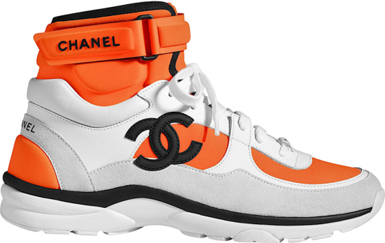 Chanel White And Neon Orange High Top Sneaekrs Ss18