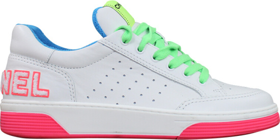 Chanel White Neon Pink Neon Green Leather Sneakers