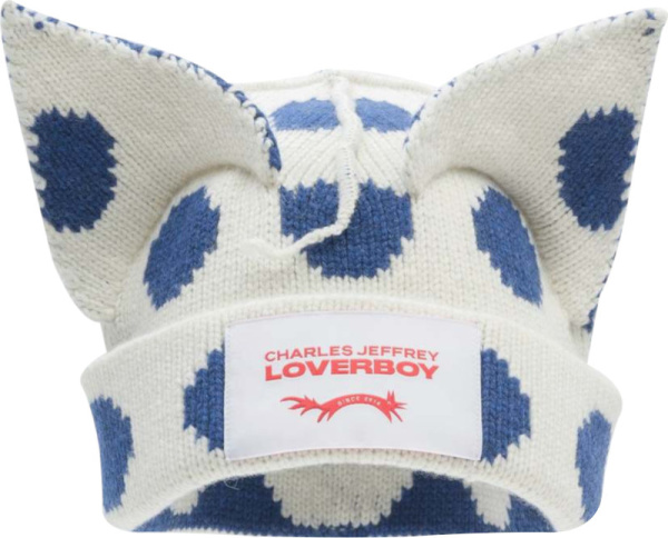 Charles Jeffrey Loverboy White And Navy Polkadot Ears Beanie