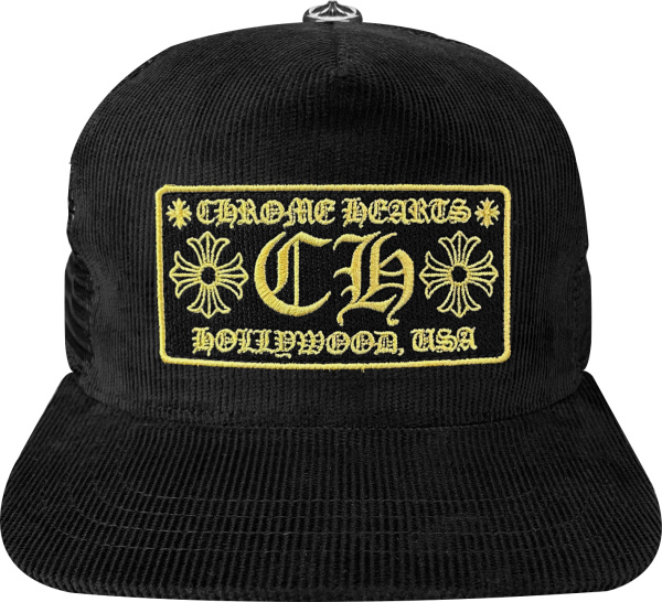 Chorme Hearts Black Corduroy And Yellow Logo Trucker Hat