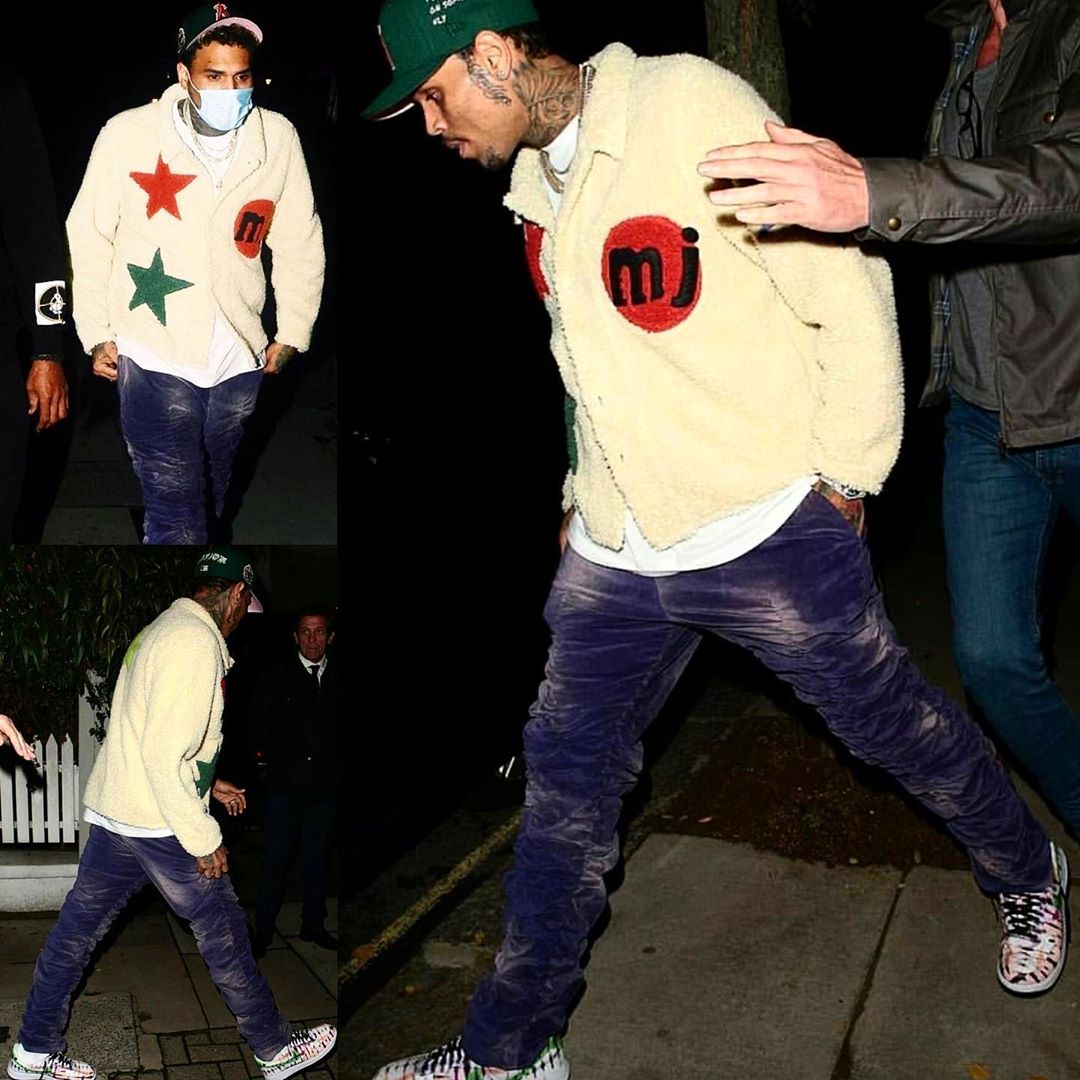 Chris Brown Wearing a CPFM x Marc Jacobs Sherpa With MJB Pants And Tie-Dye AF1s