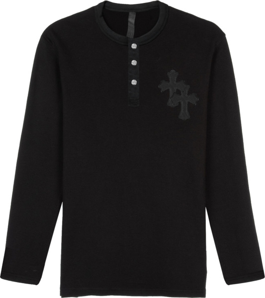 Chrome Hearta Black Waffle Knit Double Cross Patch Henley Long Sleeve T Shirt