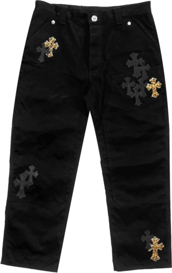 Chrome Hearts Black Carpenter Pants With Black Leather And Leopard Crosses