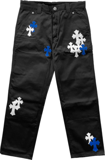 Chrome Hearts Black Carpenter Pants With White And Royal Blue Cross Patches