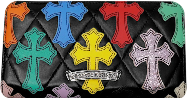 Chrome Hearts Black Diamond Quilt And Multicolor Cross Zip Wallet