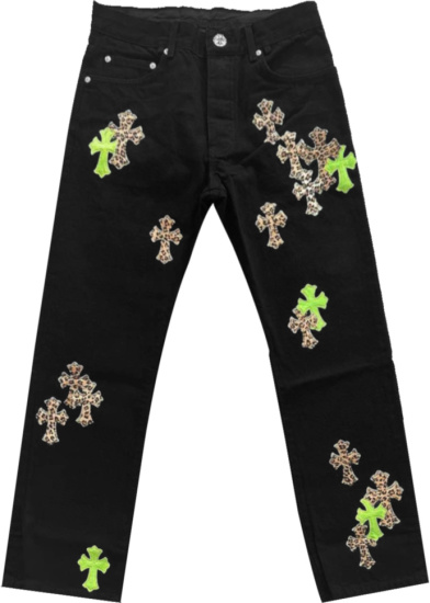 Chrome Hearts Black Green And Leopard Cross Patch Jeans