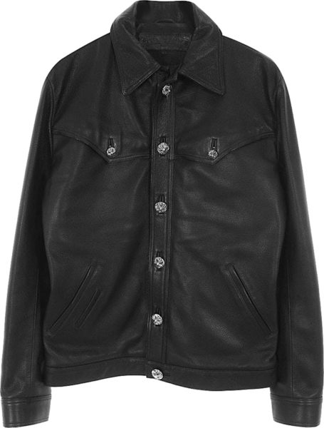 Chrome Hearts Black Leather Western Panel Shirt Jacket