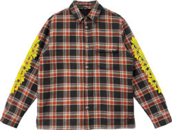 Chrome Hearts Black Red Flannel And Orange Floral Sleeve Print Check Shirt