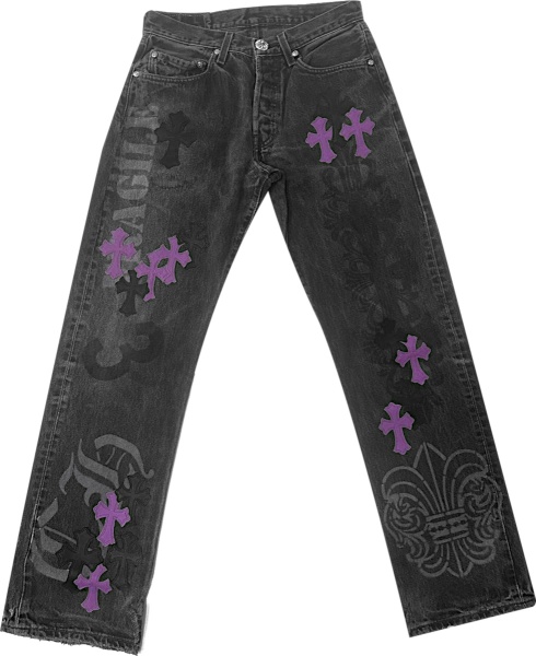 Chrome Hearts Black Stencil Logos Black Cross And Purple Cross Patch Jeans