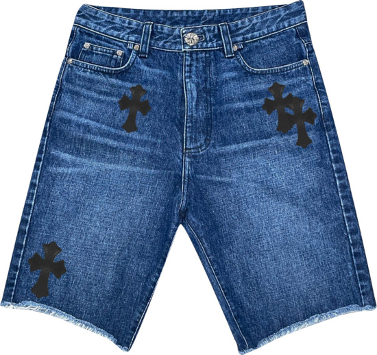 Chrome Hearts Blue Denim And Black Leather Cross Patch Shorts