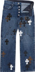 Chrome Hearts Blue Denim And Tricolor Cross Fleurknee Jeans