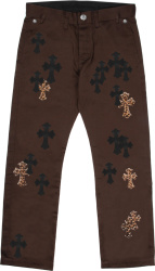 Chrome Hearts Brown Pants With Black Leather And Leopard Fur Cross Patches