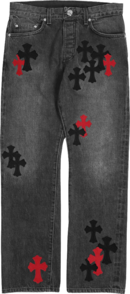 Chrome Hearts Faded Black Jeans With Black And Red Leather Cross Patches