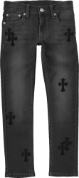 Chrome Hearts Grey Black Leather Cemetery Patch Jeans