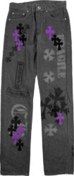 Chrome Hearts Grey Denim Black Stencil Purple Cross Jeans