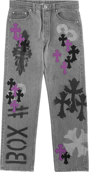 Chrome Hearts Grey Stencil Print Denim And Purple Cross Jeans