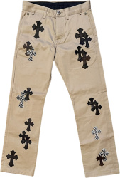 Chrome Hearts Khaki Pants With Black And Checkered Cross Patches