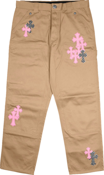 Chrome Hearts Khaki With Pink And Checkered Cross Patch Carpenter Pants