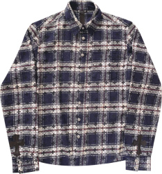 Chrome Hearts Navy White Red Allover Cross Plaid Flannel Shirt