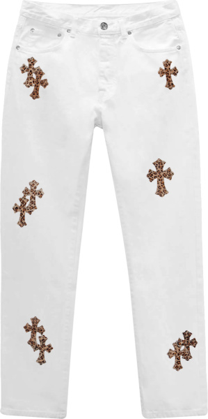 Chrome Hearts White And Leopard Print Cross Patch Jeans