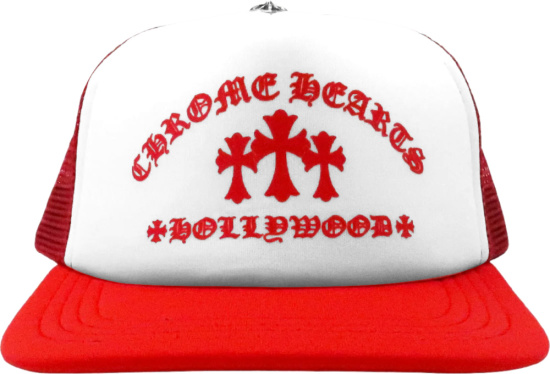 Chrome Hearts White And Red Triple Cross Trucker Hat