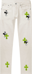 Chrome Hearts White Jeans With Neon Green And Zebra Cross Patches