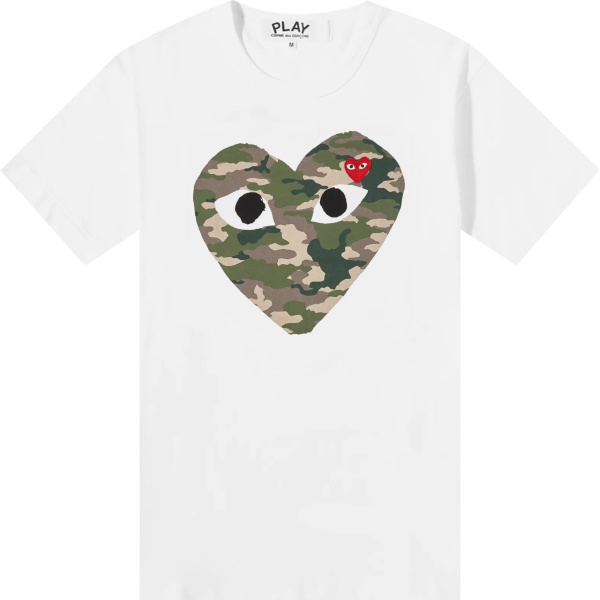 Comme Des Garcons Play White And Big Camo Heart Logo T Shirt