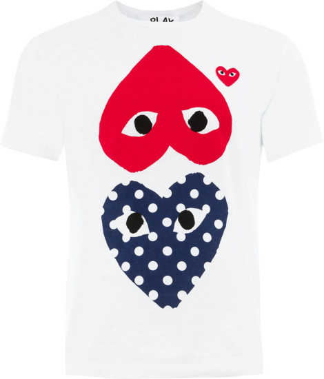 Comme Des Garcons Play White Upside Down Red And Navy Polka Dot Heart T Shirt