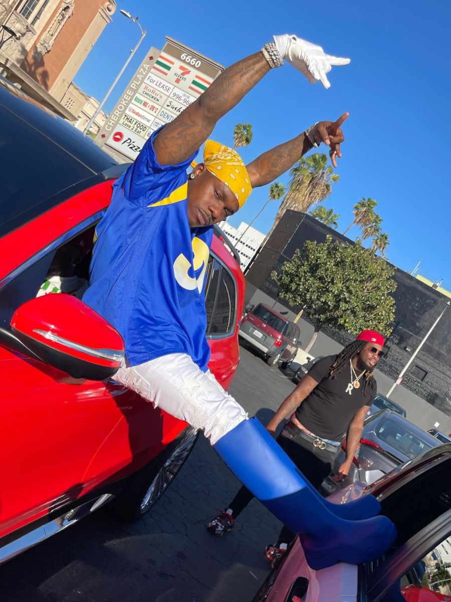 DaBaby At Super Bowl 56 In a LA Rams Jersey With Amiri Jeans & Bottega Boots