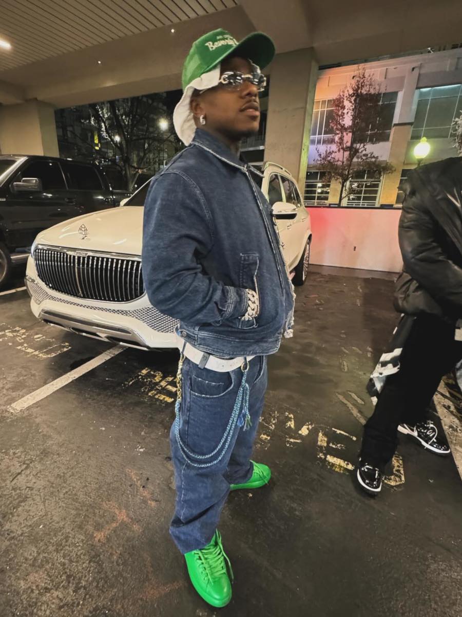 DaBaby: Blue Denim Rope Jacket + Matching Jeans & All Green Sneakers