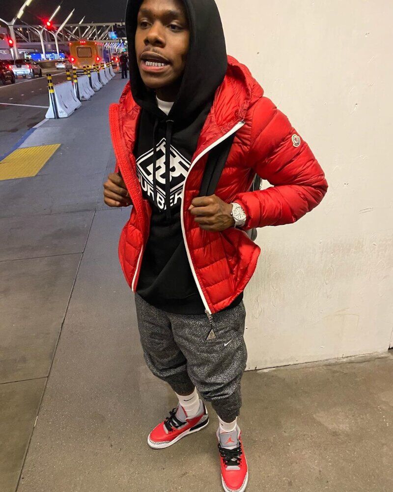 DaBaby At LAX In a Moncler Jacket, Burberry Hoodie, & Jordan 3s