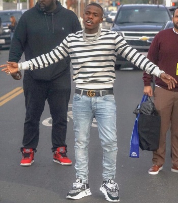 Dababy Out In La Wearing A Ysl Striped Sweatshirt Amiri Jeans Versace Sneakers And Gucci Belt