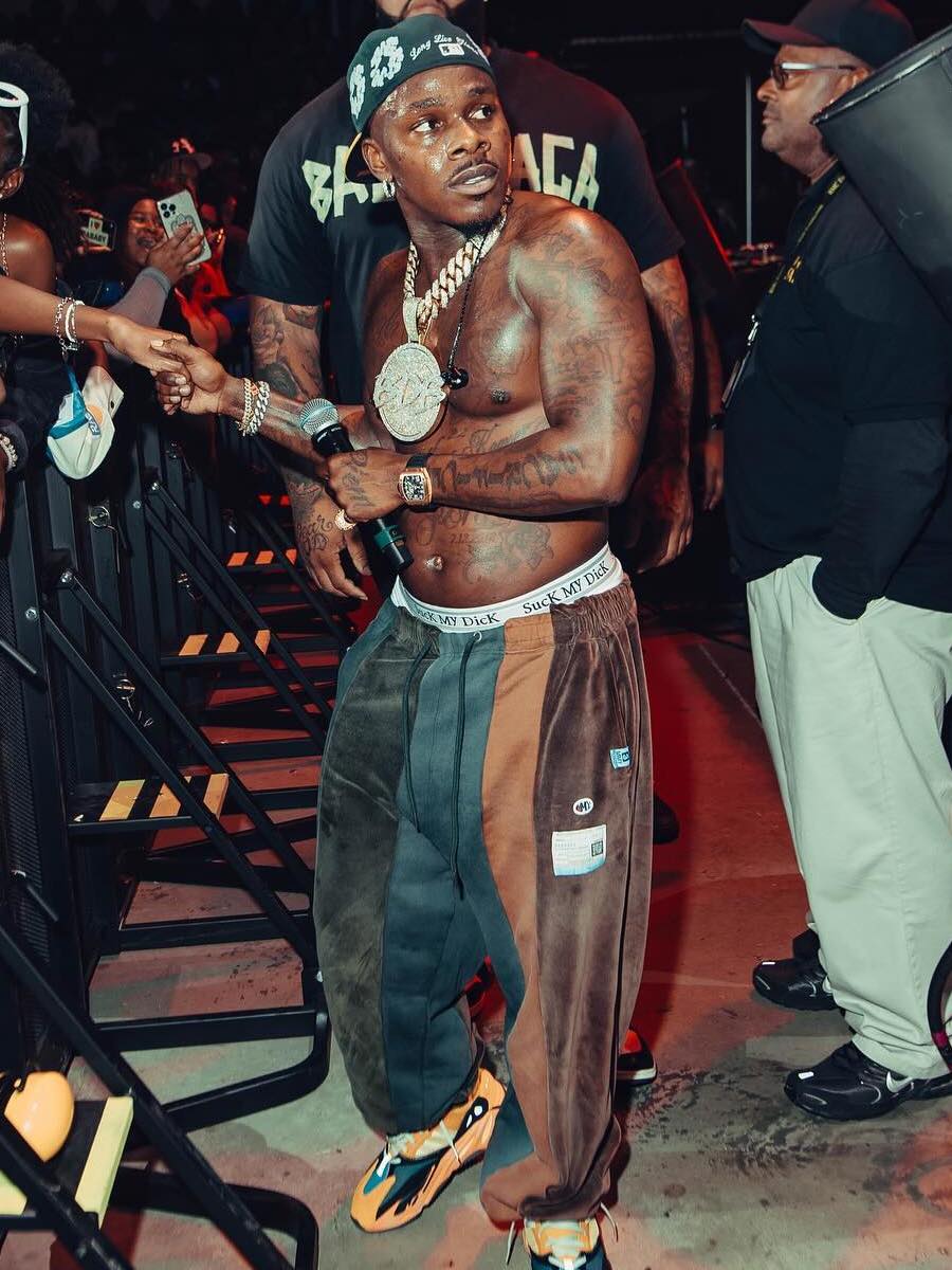 DaBaby: SMD Briefs, Brown Colorblock Sweatpants & Yeezy Sneakers