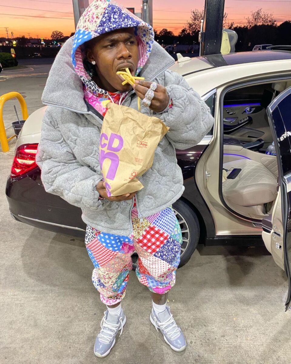 DaBaby Wearing Teddy Fresh Quilted Sweats With Matching LV Puffer & Jordans