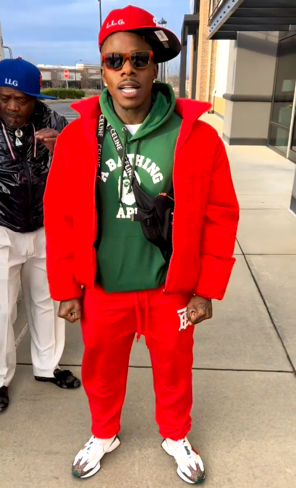DaBaby Promotes His Christmas Giveaway In an All Red Louis Vuitton ...